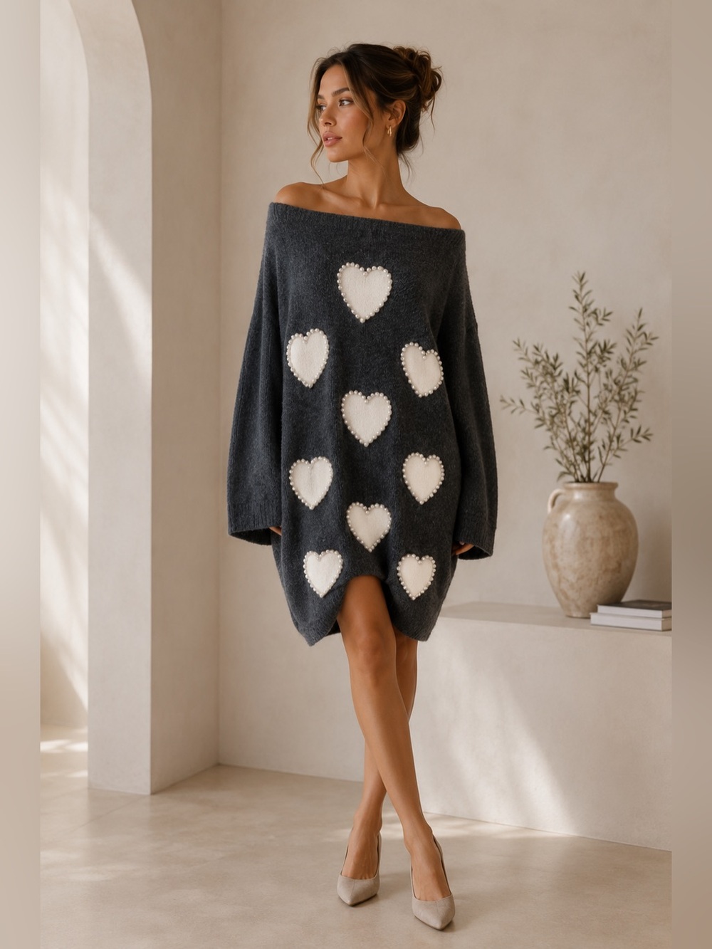 TWIN-SET Simona Barbieri Pearl Heart Tunic Sweater Dress Gray Wool Blend L